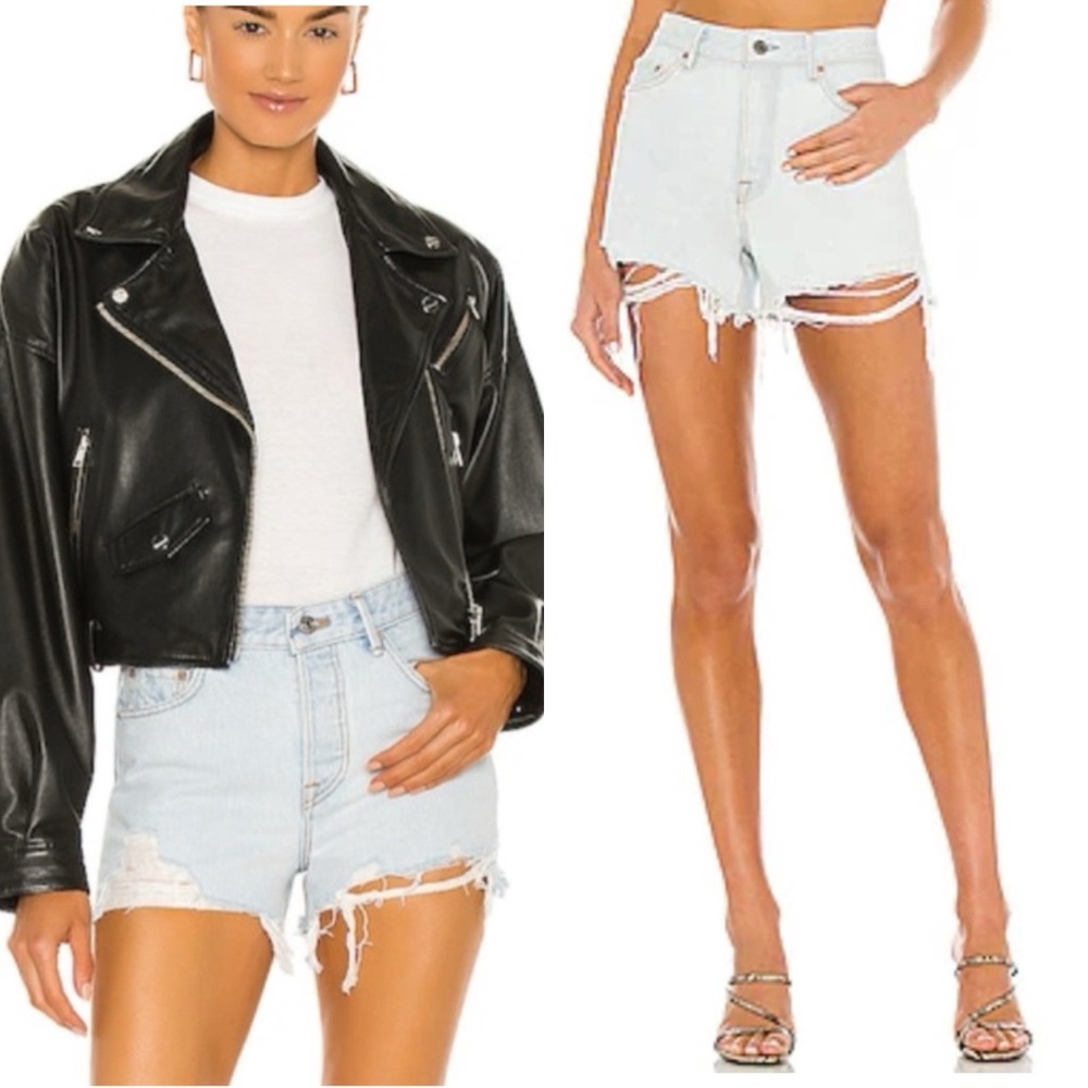 GRLFRND Helena Distressed High Rise Denim Shorts